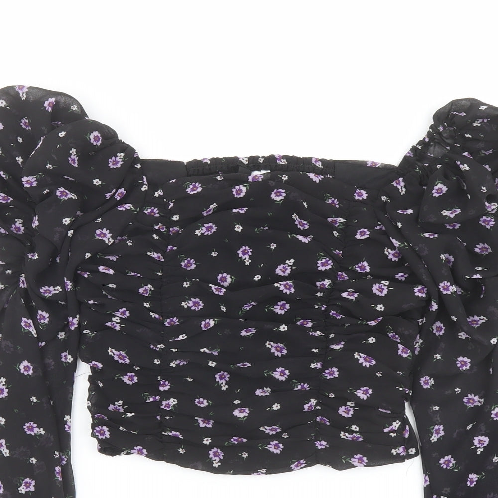 H&M Womens Black Floral Polyester Cropped Blouse Size 4 Square Neck - Ruched Sleeves