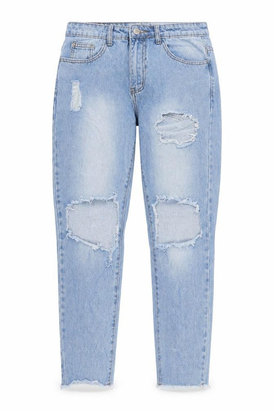 PRETTYLITTLETHING Womens Blue Cotton Tapered Jeans Size 10 L26 in Regular Zip - Raw Hem