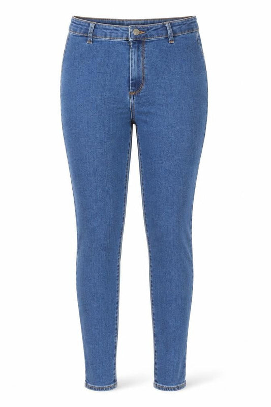 Front view of Denim & Co. women’s blue cotton skinny jeans, size UK 12, 29-inch leg regular zip
