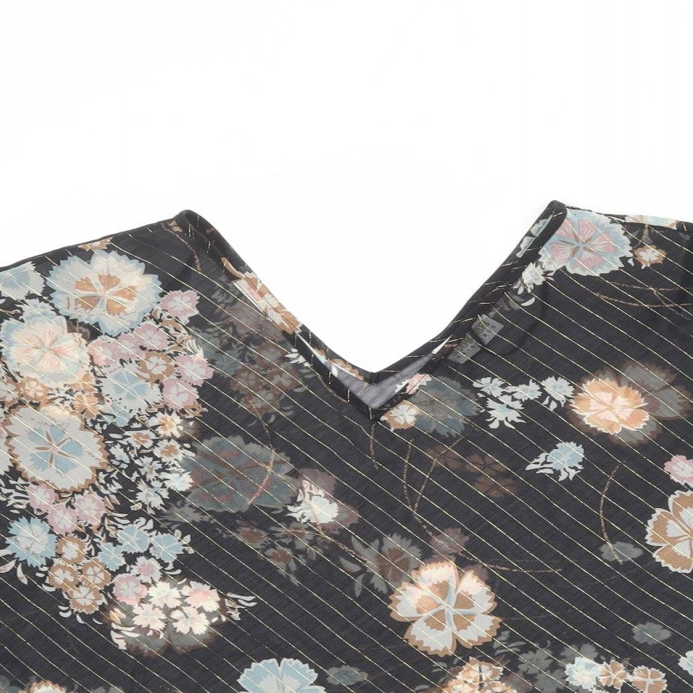 Roman Womens Black Floral Polyester Basic Blouse Size 10 V-Neck