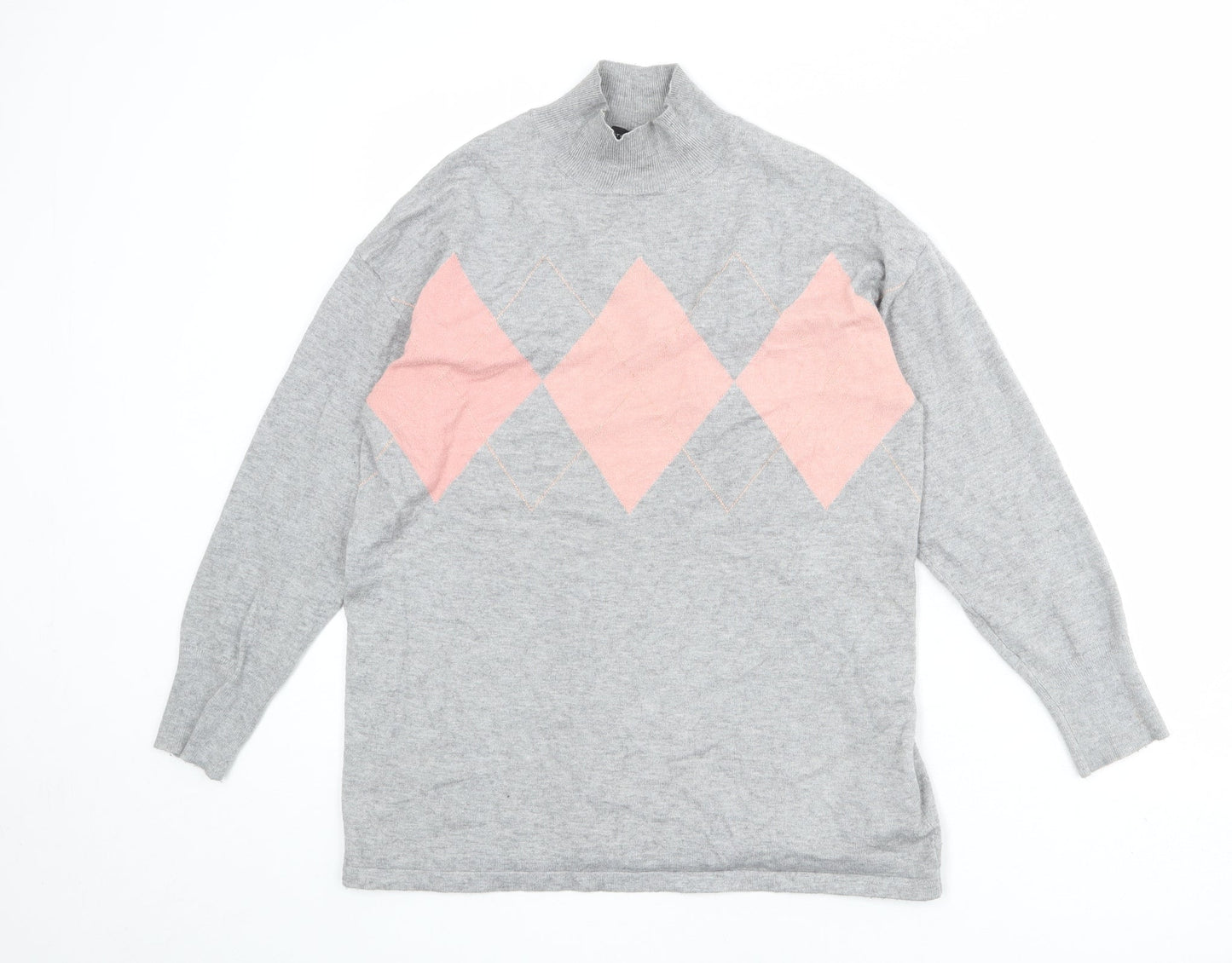 Dorothy Perkins Womens Grey Mock Neck Argyle/Diamond Viscose Pullover Jumper Size 12