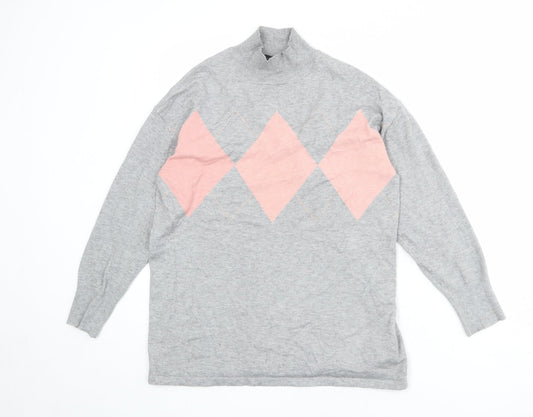 Dorothy Perkins Womens Grey Mock Neck Argyle/Diamond Viscose Pullover Jumper Size 12