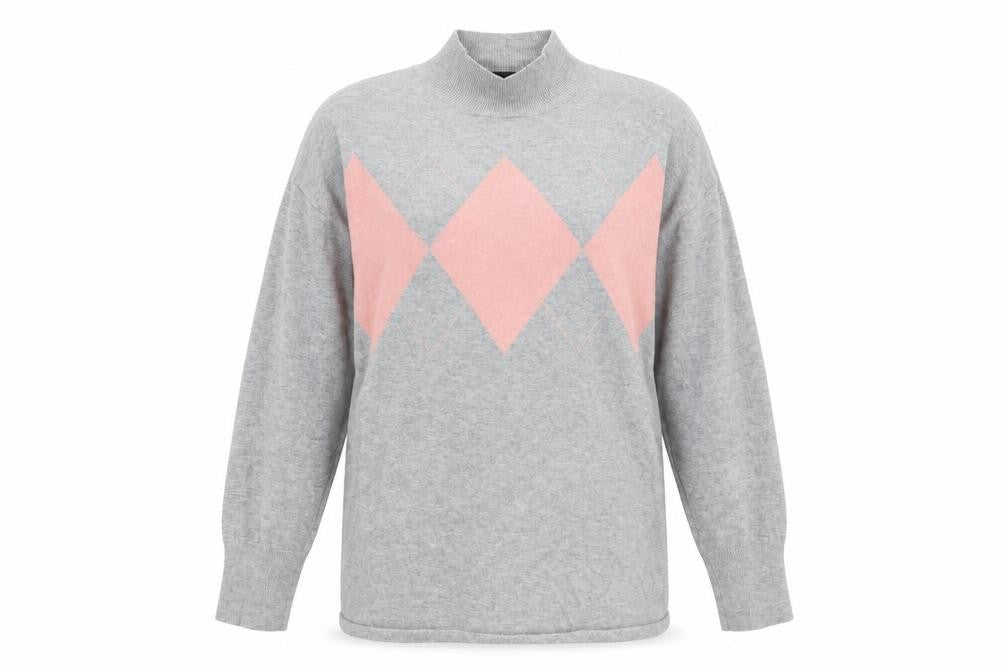 Dorothy Perkins Womens Grey Mock Neck Argyle/Diamond Viscose Pullover Jumper Size 12