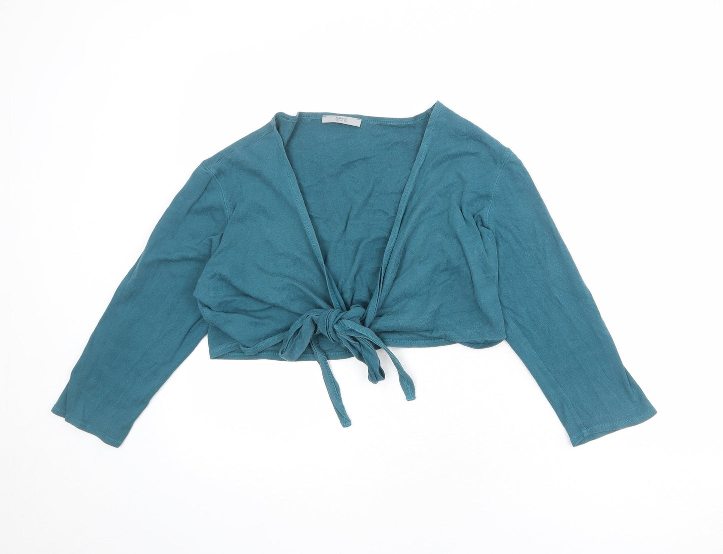 Marks and Spencer Womens Blue 100% Cotton Cropped Blouse Size 16 V-Neck - Tie Front Detail