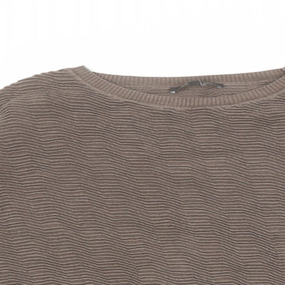Close-up detail of French Connection women’s brown 100% cotton pullover sweatshirt, size M, pullover
