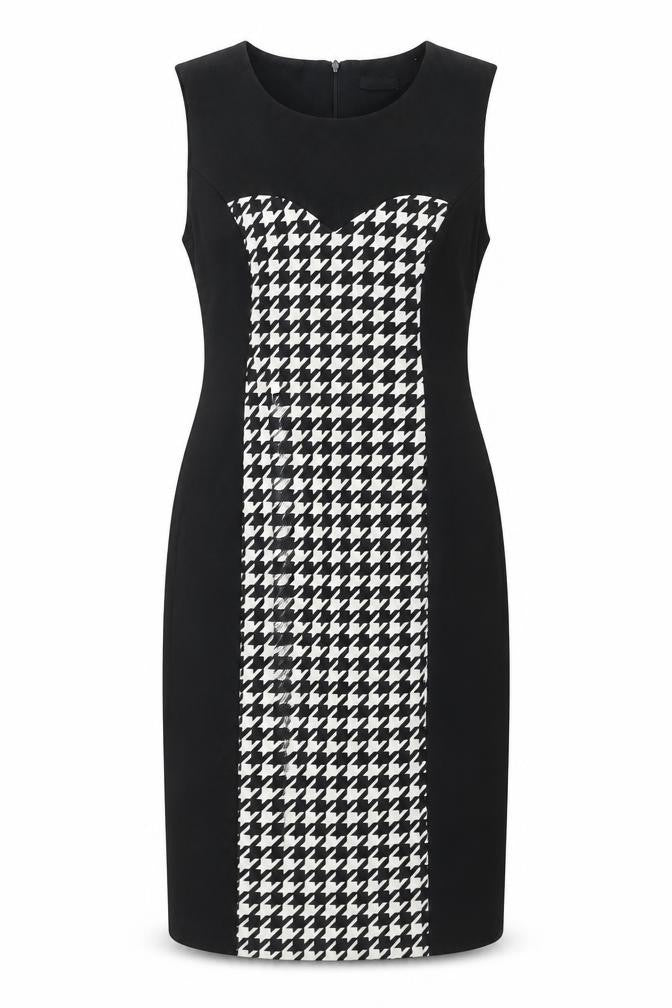 M&Co Womens Black Houndstooth Polyester Shift Size 12 Round Neck Zip
