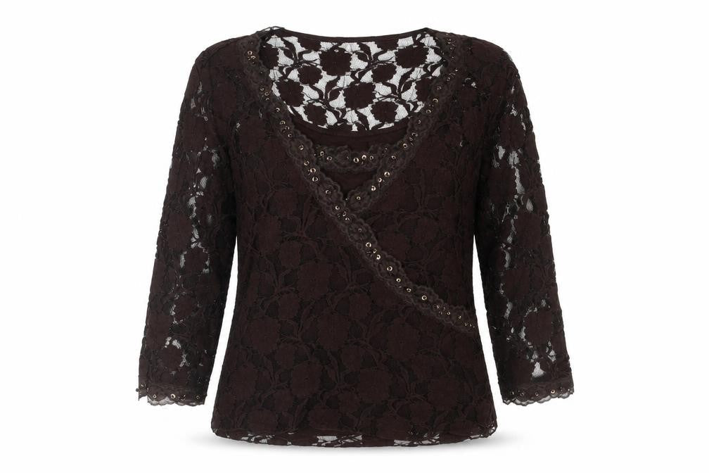 Nightingales Womens Brown Nylon Basic Blouse Size XL Scoop Neck