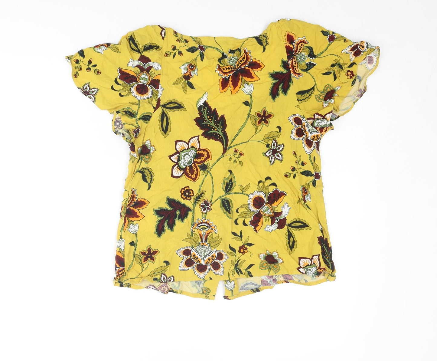 Warehouse Womens Yellow Floral Viscose Basic Blouse Size 8 V-Neck