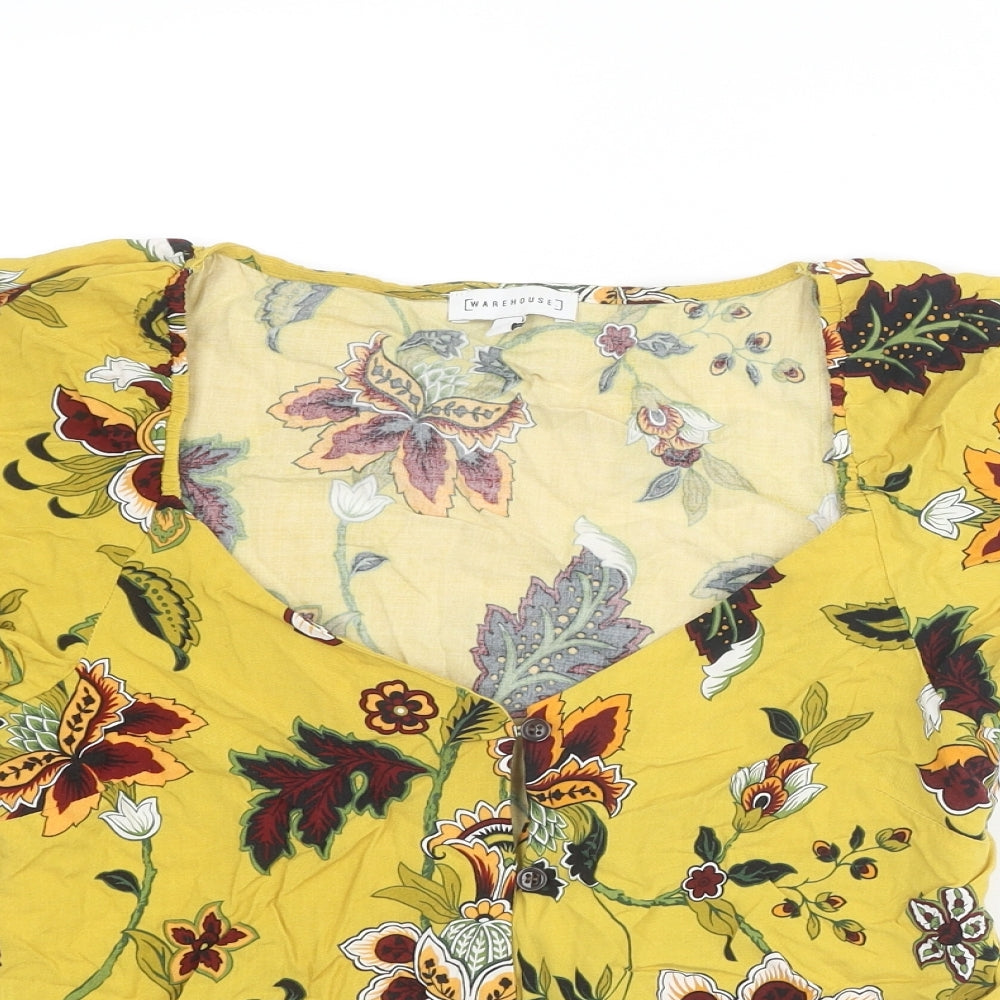 Warehouse Womens Yellow Floral Viscose Basic Blouse Size 8 V-Neck