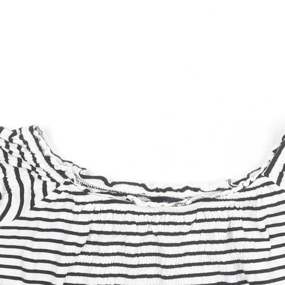 New Look Womens White Striped Cotton Cropped T-Shirt Size 14 Boat Neck