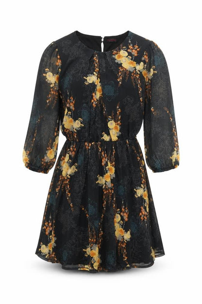 Front view of Miss Selfridge women’s black geometric polyester a-line, size UK 6, round neck button