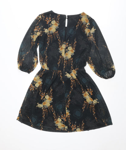 Back view of Miss Selfridge women’s black geometric polyester a-line, size UK 6, round neck button