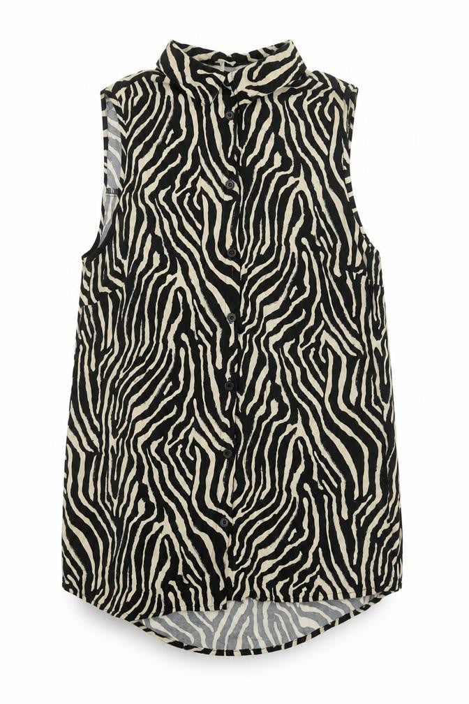 EWM Womens Black Animal Print Viscose Basic Button-Up Size 12 Collared - Tiger Print