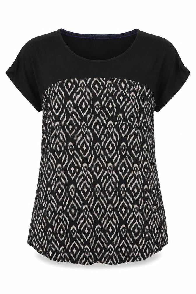 Meadow Rue Womens Black Geometric Cotton Basic Blouse Size L Boat Neck