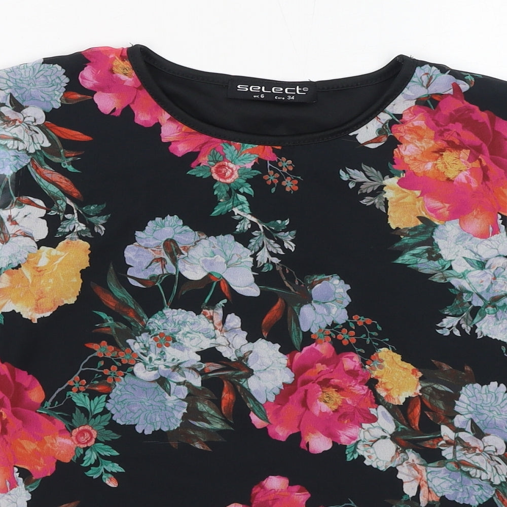 Select Womens Black Floral Polyester Basic Blouse Size 6 Round Neck