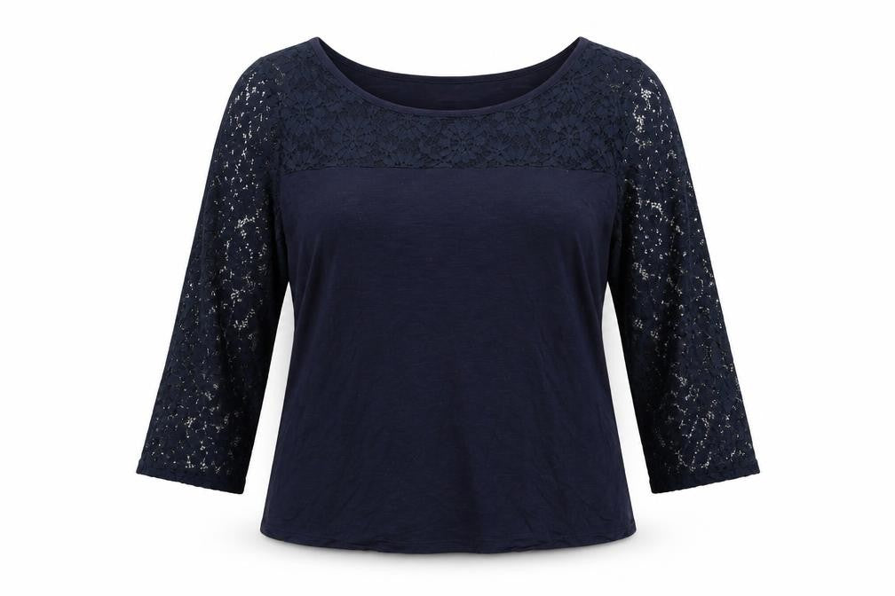 Authentic Womens Blue Viscose Basic Blouse Size 16 Boat Neck - Lace Detail