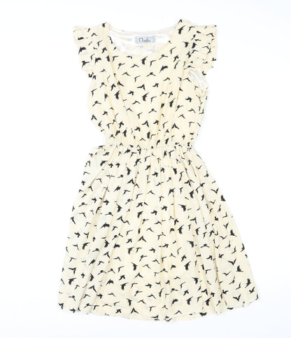 Masta Womens Yellow Geometric Polyester A-Line Size M Round Neck Pullover - Bird pattern
