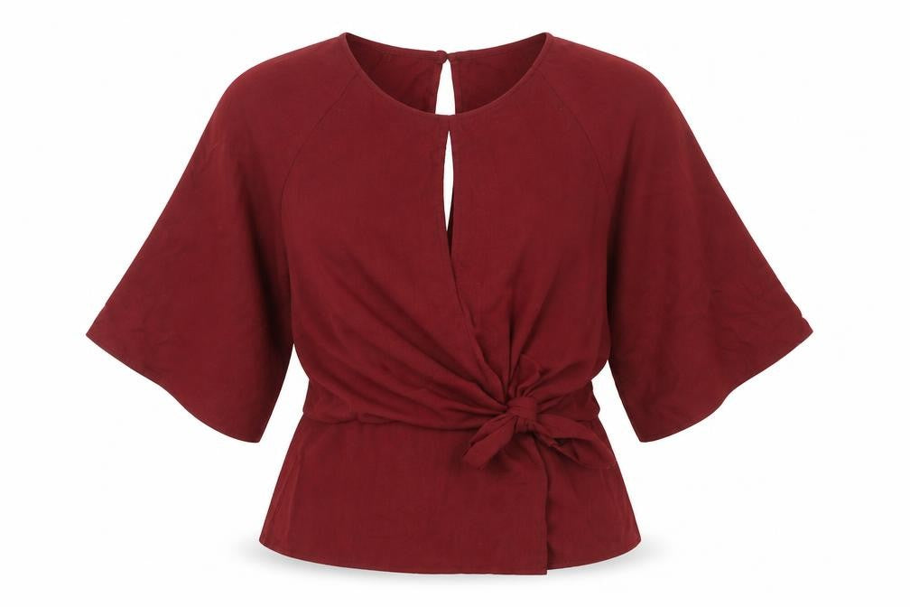 Topshop Womens Red Polyester Basic Blouse Size 8 Round Neck - Tie Front Detail