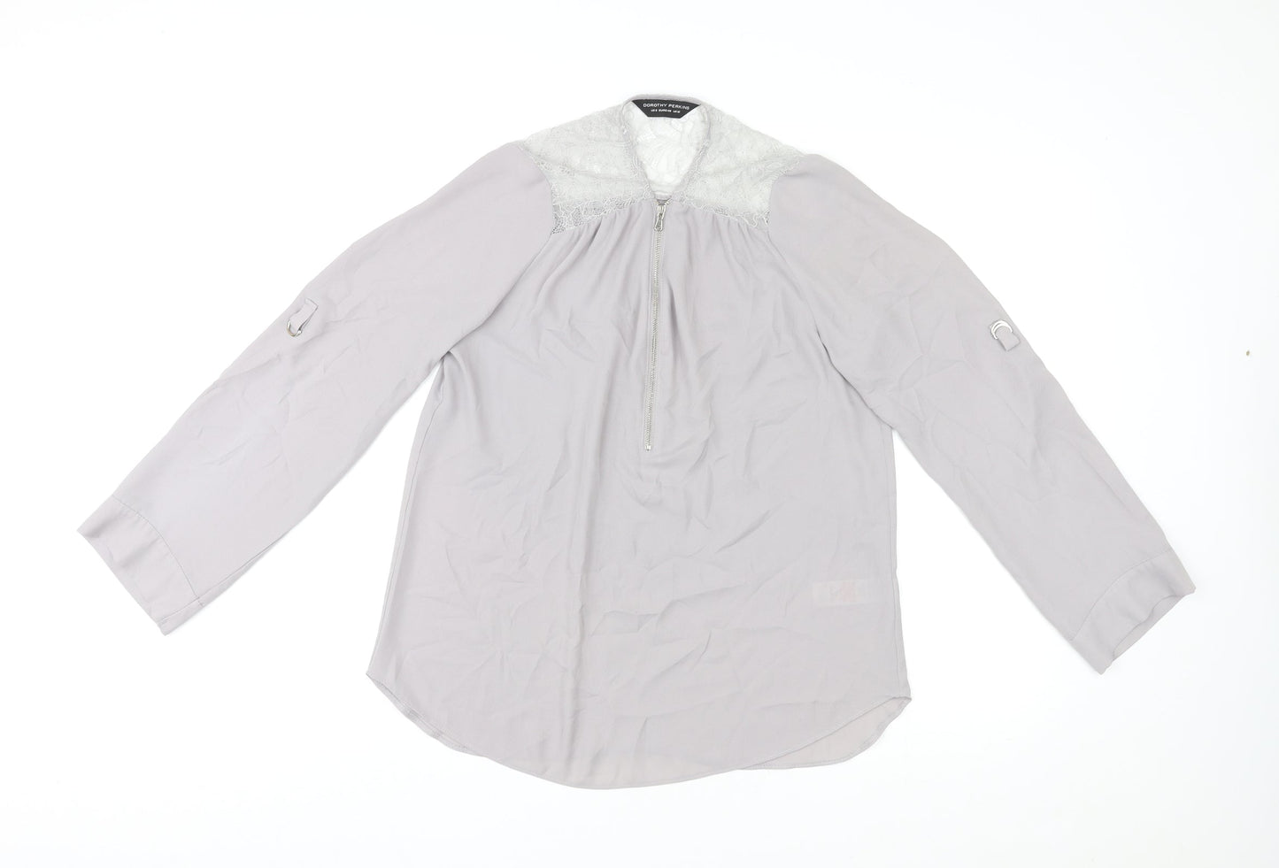 Dorothy Perkins Womens Grey Polyester Basic Blouse Size 12 V-Neck - Lace Trim