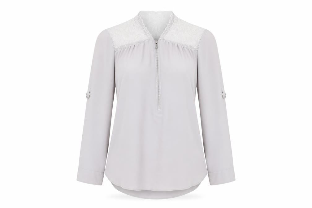Dorothy Perkins Womens Grey Polyester Basic Blouse Size 12 V-Neck - Lace Trim