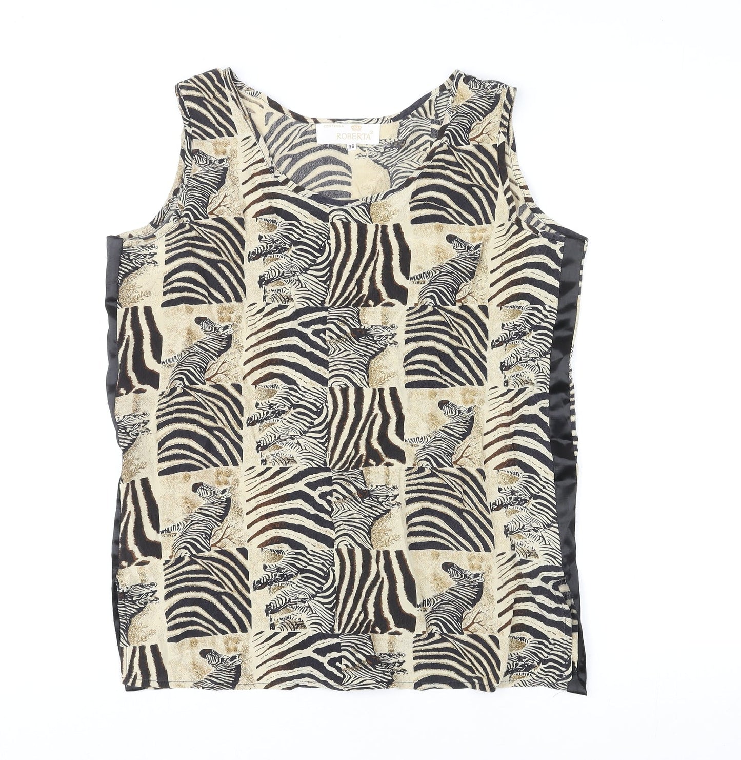 Roberta Womens Multicoloured Animal Print Polyester Basic Tank Size 8 Round Neck - Zebra Print