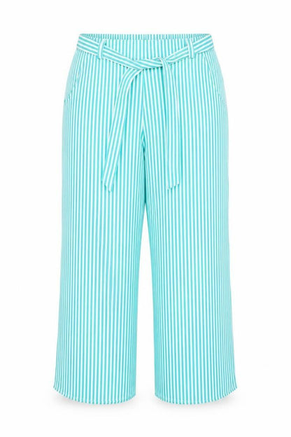 Front view of Only women’s green striped polyester trousers, size UK 12, 29-inch leg regular tie