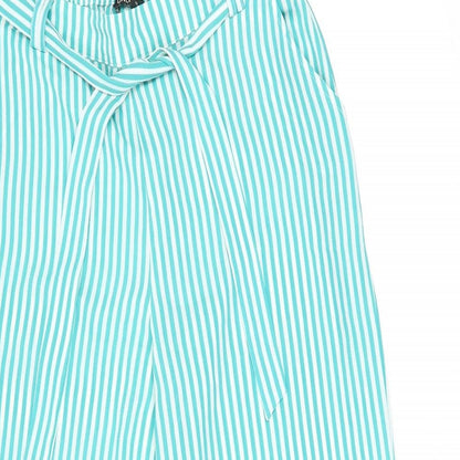 Close-up detail of Only women’s green striped polyester trousers, size UK 12, 29-inch leg regular tie