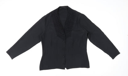 St Michael Womens Black Polyester Basic Button-Up Size 12 V-Neck - Crocheted Lace Detail