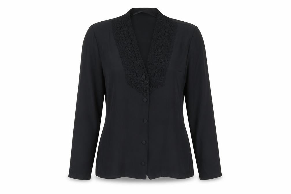 St Michael Womens Black Polyester Basic Button-Up Size 12 V-Neck - Crocheted Lace Detail