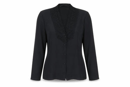 St Michael Womens Black Polyester Basic Button-Up Size 12 V-Neck - Crocheted Lace Detail