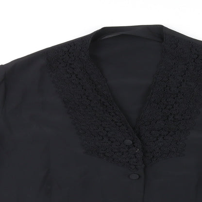 St Michael Womens Black Polyester Basic Button-Up Size 12 V-Neck - Crocheted Lace Detail