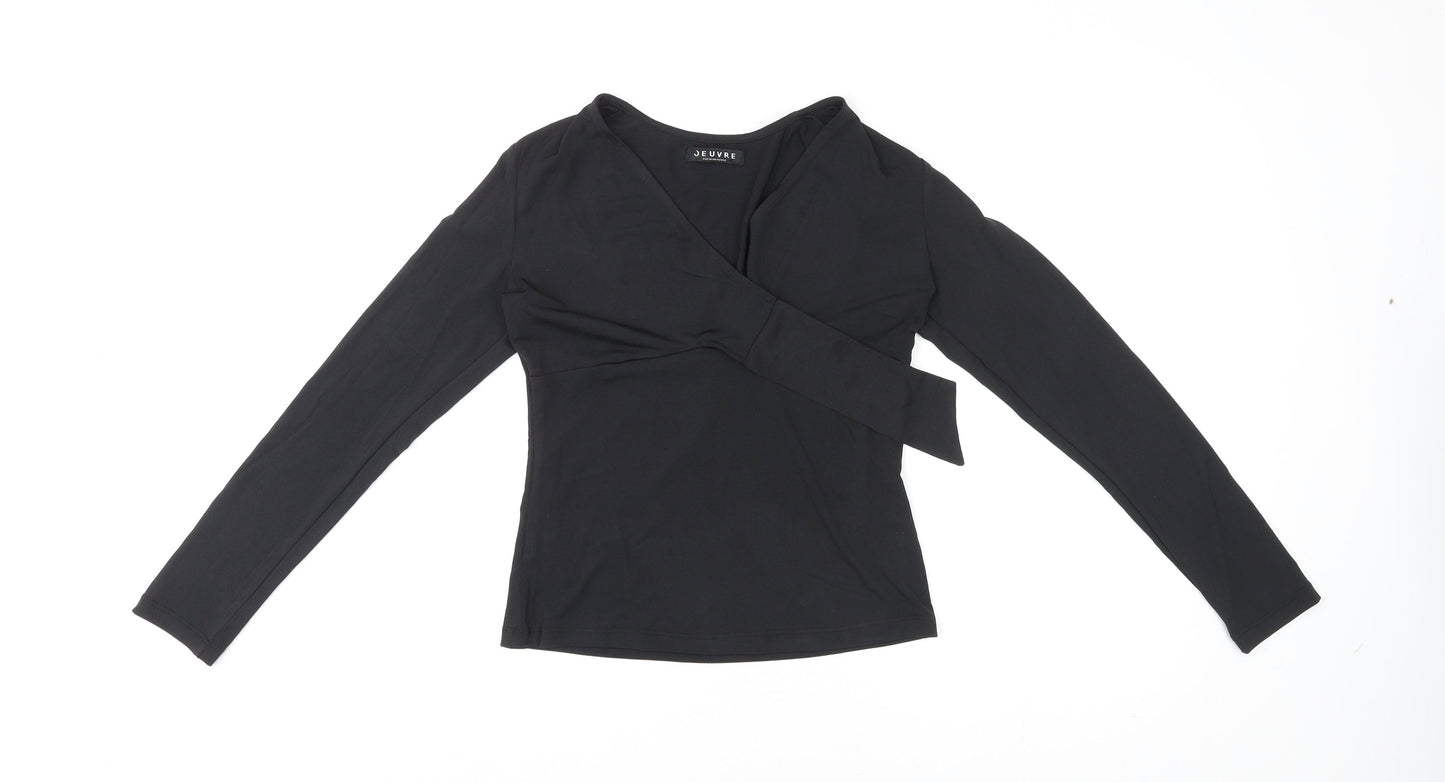 Jeuvre Womens Black Polyester Basic T-Shirt Size 10 V-Neck - Wrap Style