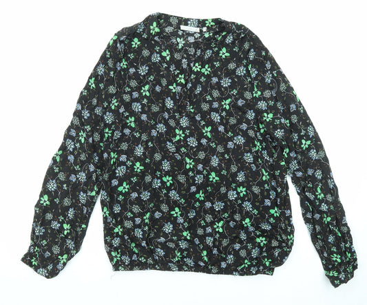 Kaffle Womens Black Floral Viscose Basic Blouse Size 8 V-Neck