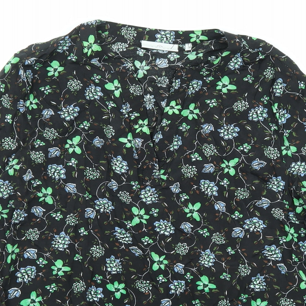 Kaffle Womens Black Floral Viscose Basic Blouse Size 8 V-Neck