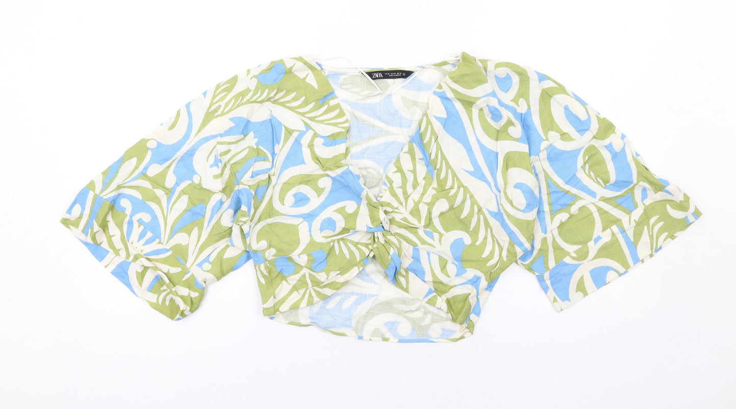 Zara Womens Multicoloured Geometric Viscose Cropped Blouse Size XS V-Neck