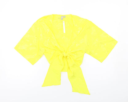 Additional front view of ASOS women’s yellow geometric polyester basic blouse, size UK 8, v-neck - tie front detail