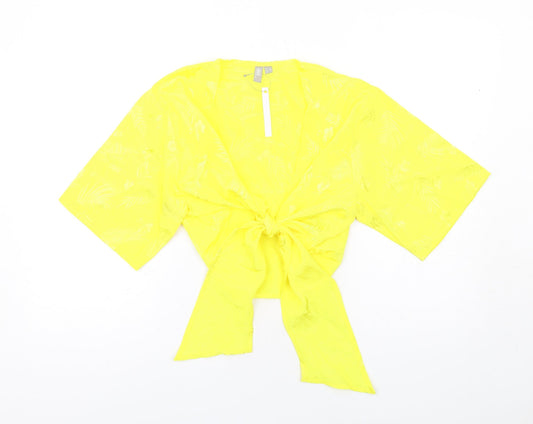 ASOS Womens Yellow Geometric Polyester Basic Blouse Size 8 V-Neck - Tie Front Detail