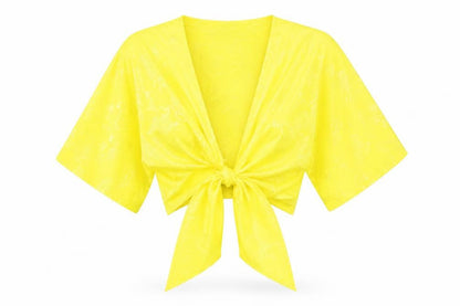 Front view of ASOS women’s yellow geometric polyester basic blouse, size UK 8, v-neck - tie front detail