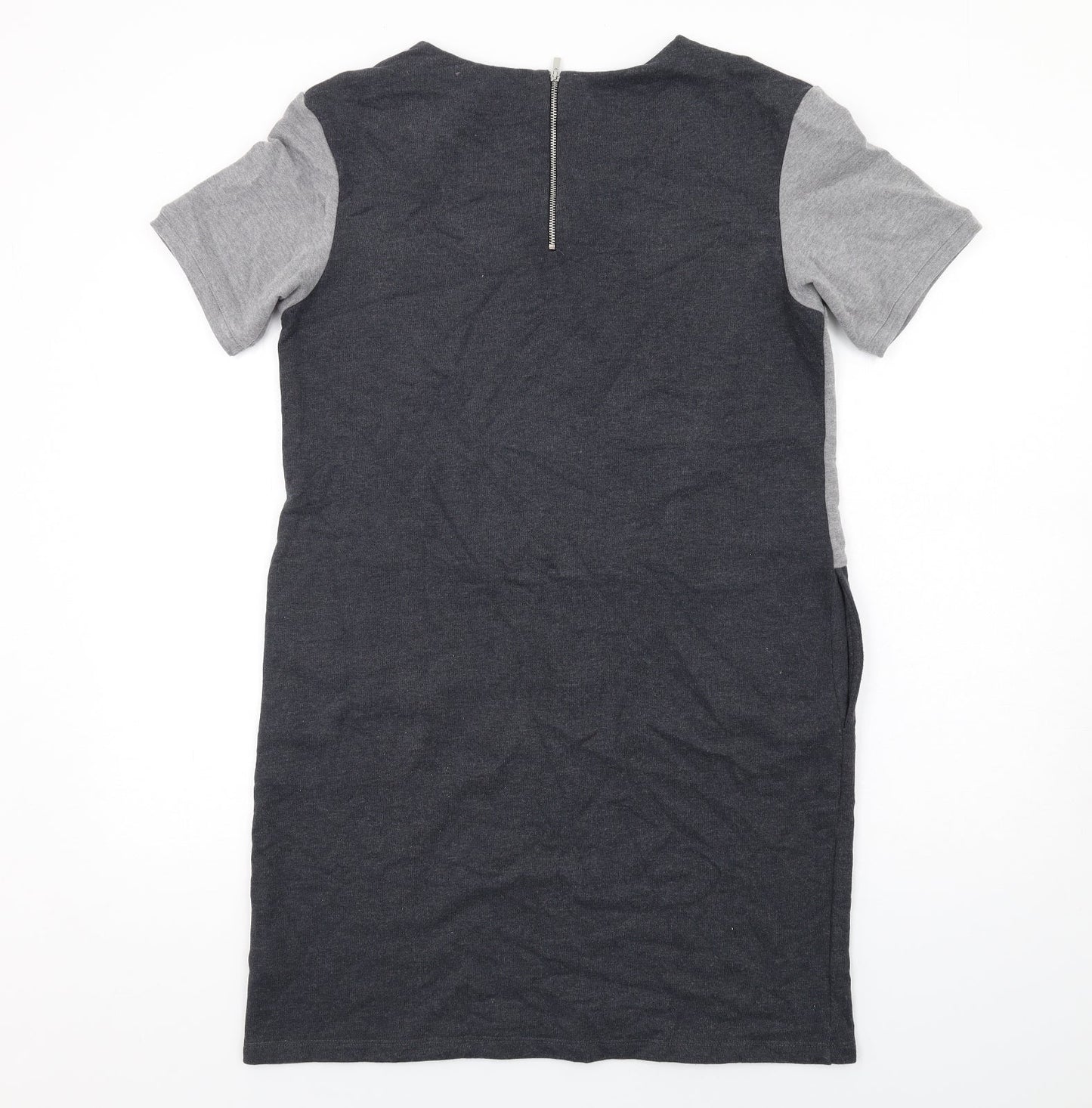 Marks and Spencer Womens Grey Geometric Polyester T-Shirt Dress Size 14 Round Neck Zip