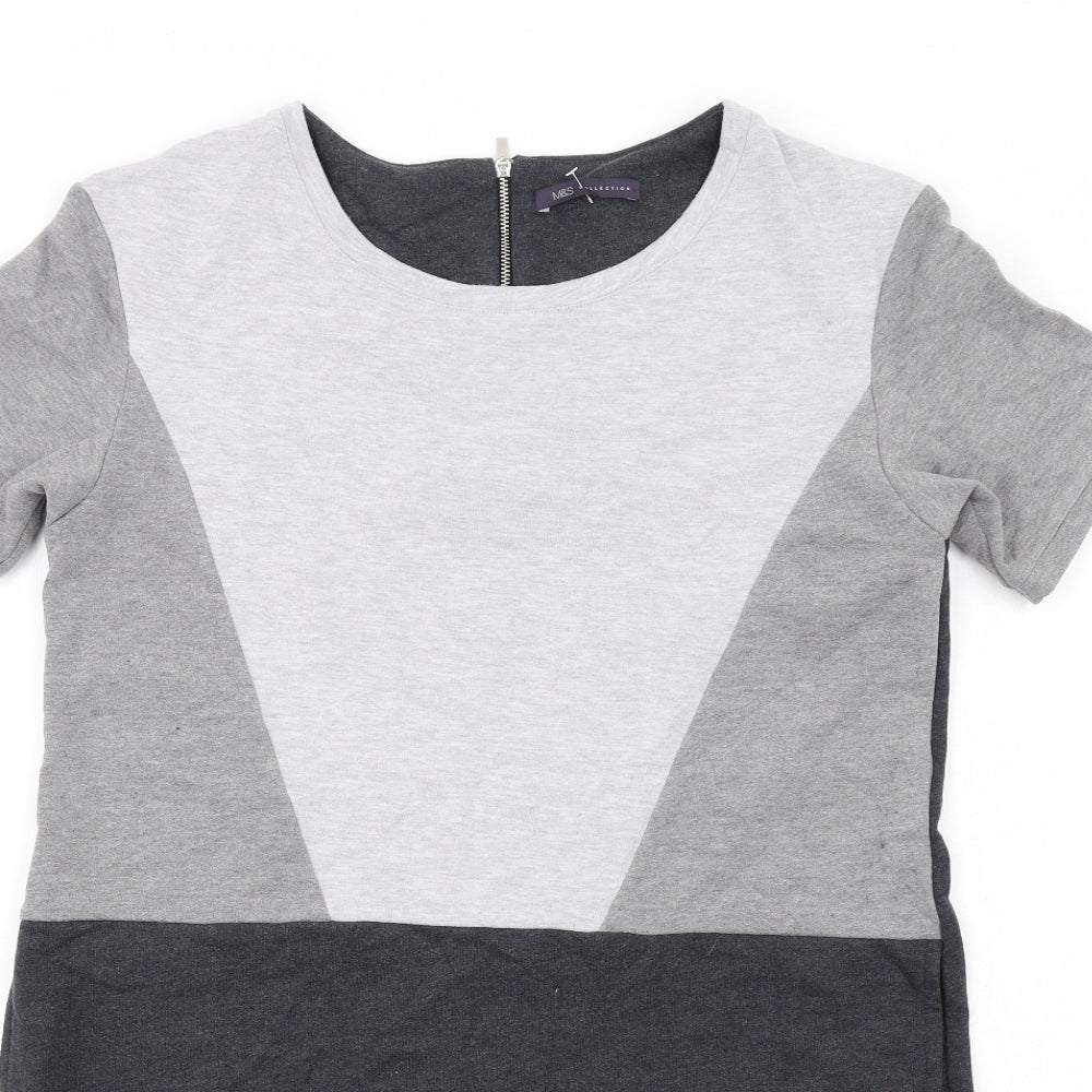 Marks and Spencer Womens Grey Geometric Polyester T-Shirt Dress Size 14 Round Neck Zip