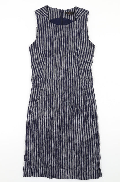 Next Womens Blue Striped Viscose Shift Size 10 Round Neck Zip