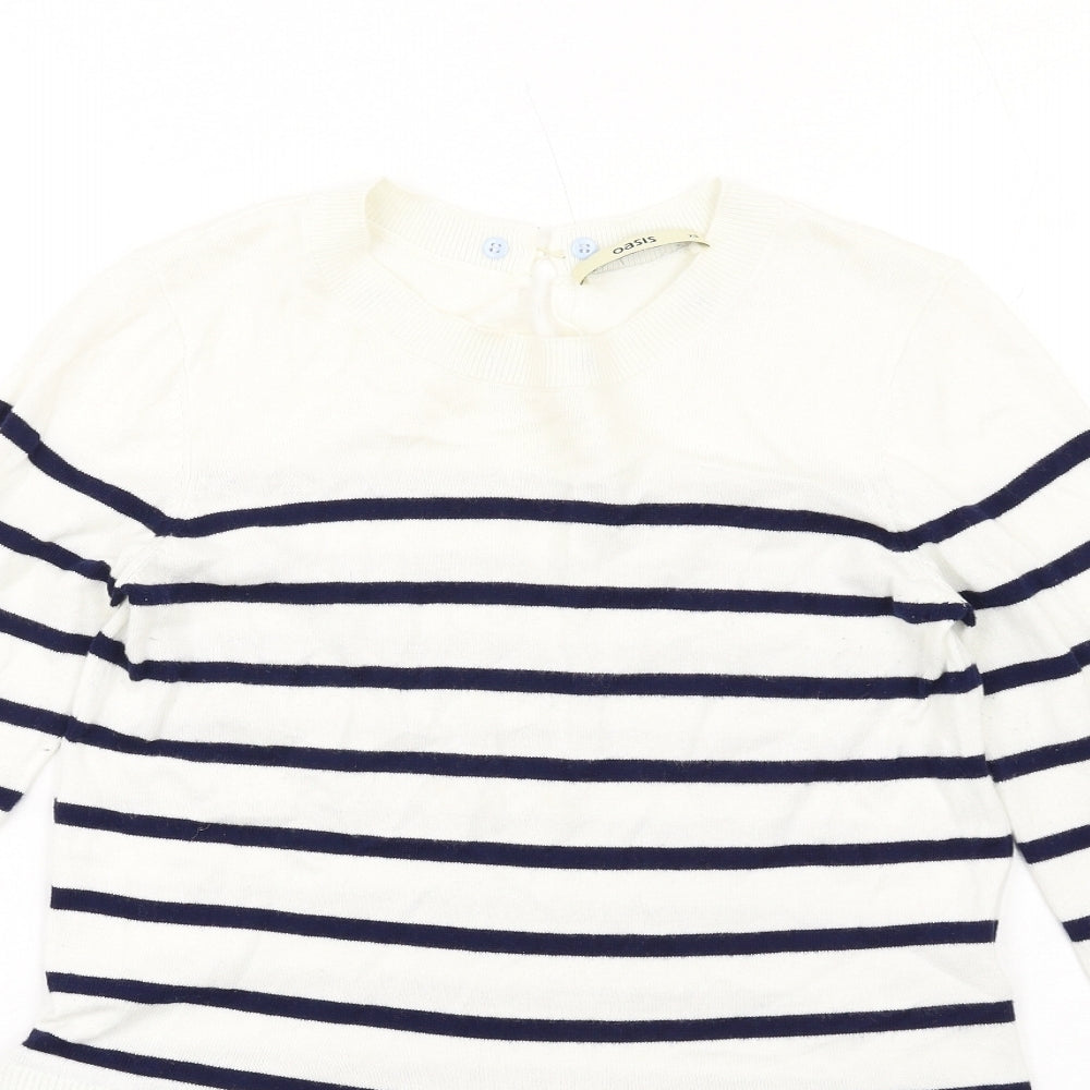 Oasis Womens White Round Neck Striped Cotton Pullover Jumper Size XS