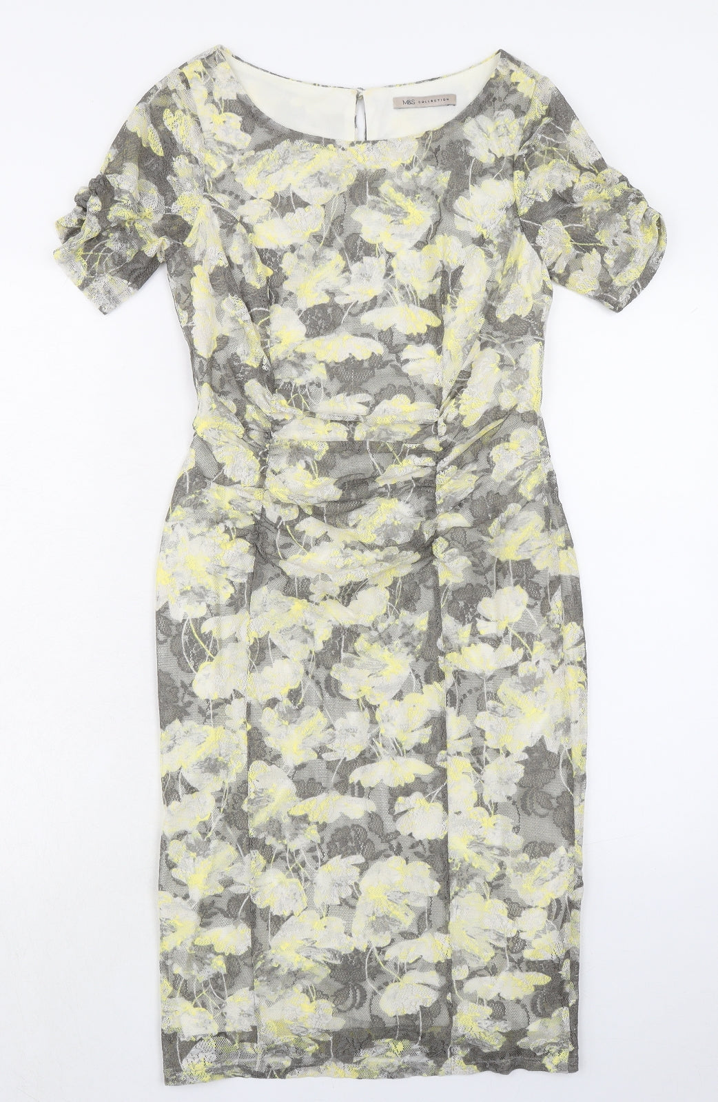 Marks and Spencer Womens Grey Floral Polyester Shift Size 10 Boat Neck Button