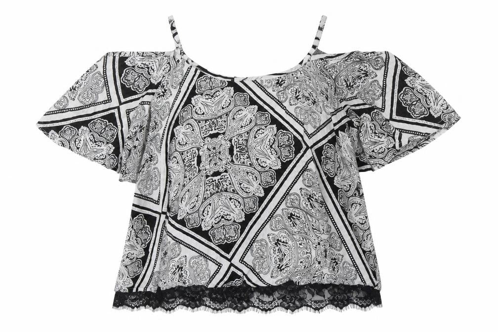 Select Womens Black Paisley Viscose Basic Blouse Size 6 Round Neck - Cold Shoulder Detail