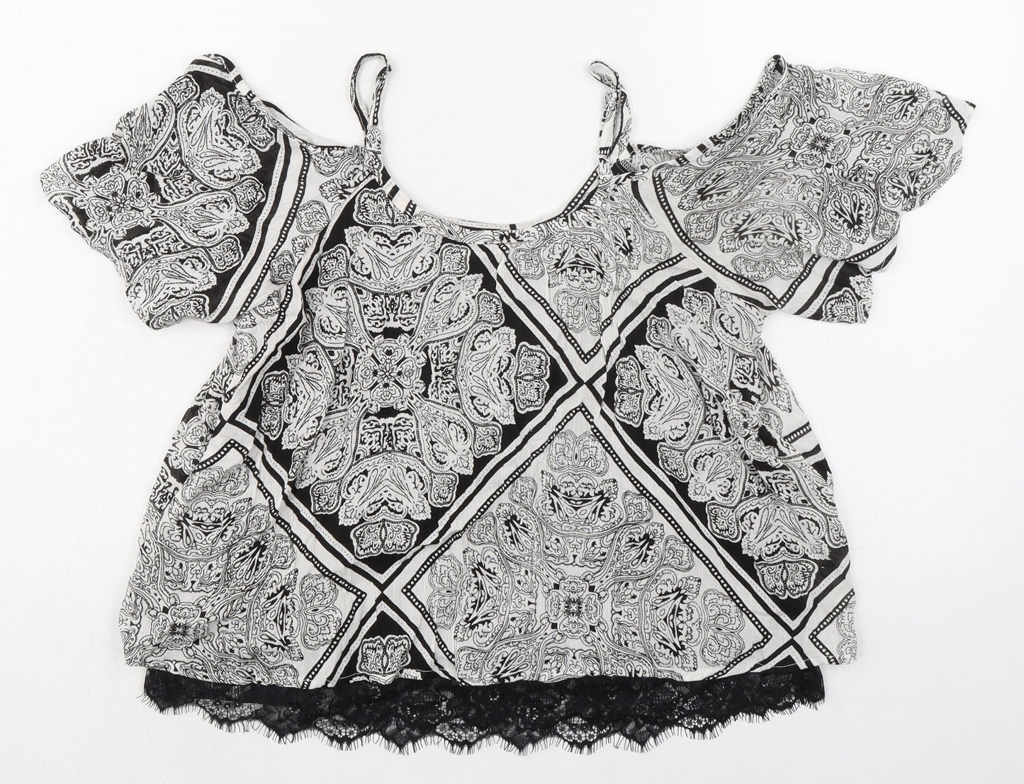 Select Womens Black Paisley Viscose Basic Blouse Size 6 Round Neck - Cold Shoulder Detail