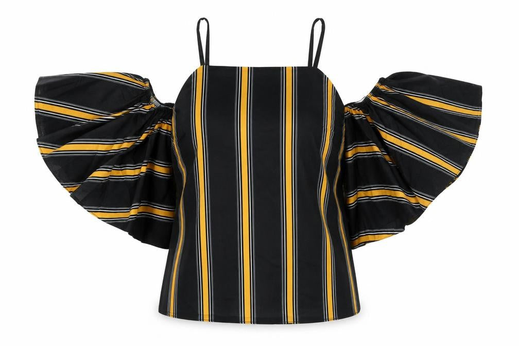 Select Womens Black Striped Polyester Basic Blouse Size 6 Square Neck - Cold Shoulder Detail