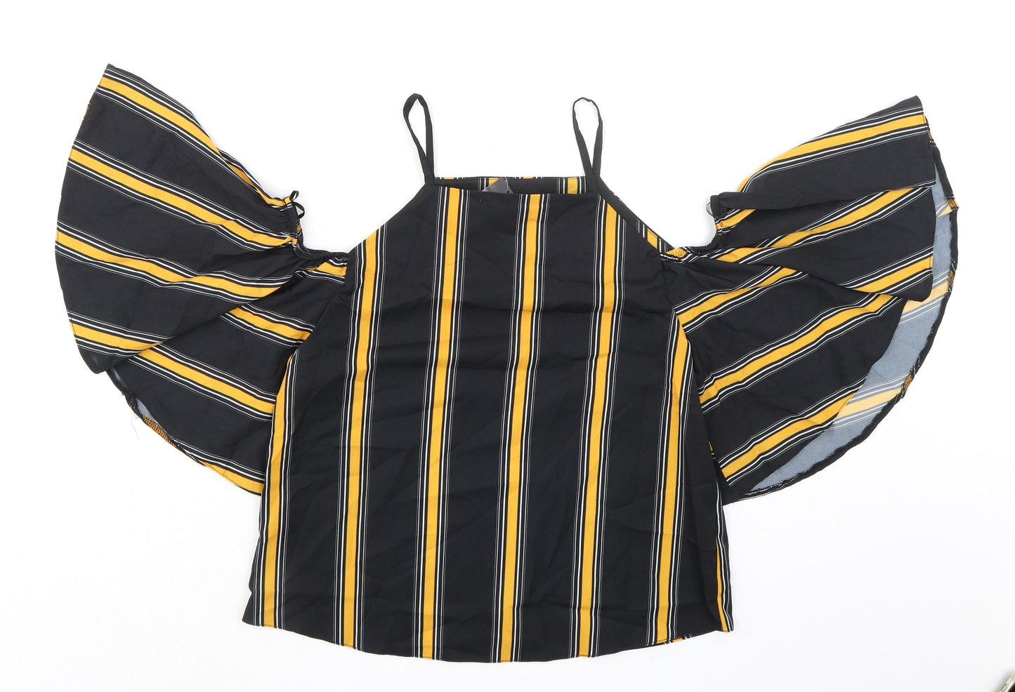 Select Womens Black Striped Polyester Basic Blouse Size 6 Square Neck - Cold Shoulder Detail