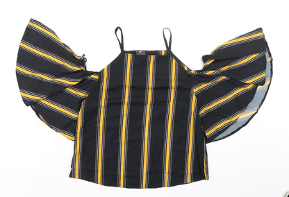 Select Womens Black Striped Polyester Basic Blouse Size 6 Square Neck - Cold Shoulder Detail