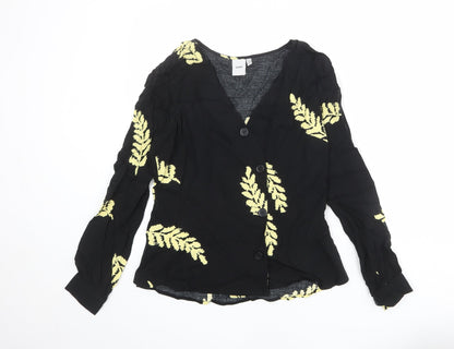 Additional front view of ICHI women’s black geometric viscose basic button-up, size UK 8, v-neck
