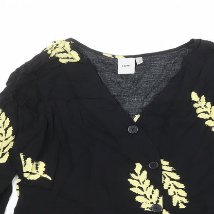 Close-up detail of ICHI women’s black geometric viscose basic button-up, size UK 8, v-neck